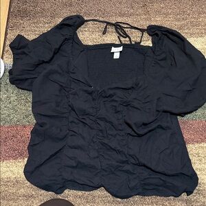 Ava & Viv Black Smocked Square-Neck Puff Sleeve Top